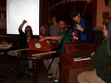 The XIE performs a live soundtrack to Marcel Duchamp’s Dadaist film <em>Anémic cinéma</em> at Mondragon Bookstore and Coffeehouse in Winnipeg. Photo © 2007 Gordon Fitzell.