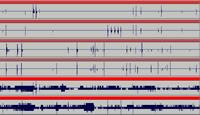 Figure 6. Excerpt of <em>brief candle</em>: complex trajectories are produced by the (mostly invisible) relations among the sounds on these six channels.