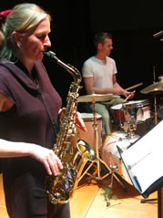 Franziska Schroeder (sax) performing with Steve Davis (drums).